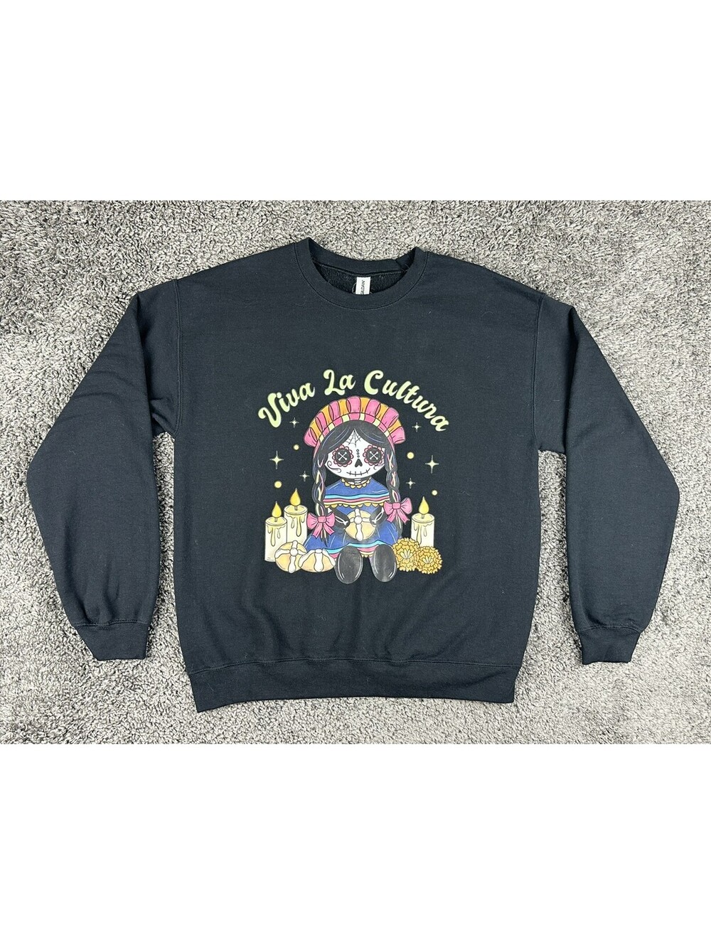 Viva La Cultura Dia De Los Muertos Sweatshirt Mens M Black Sugar Skull Graphic
